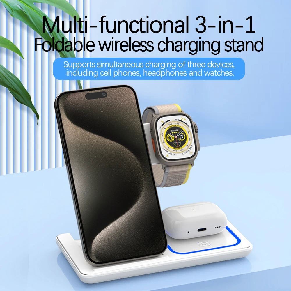 30W 3 in 1 Foldable LED Fast Wireless Charger Stand