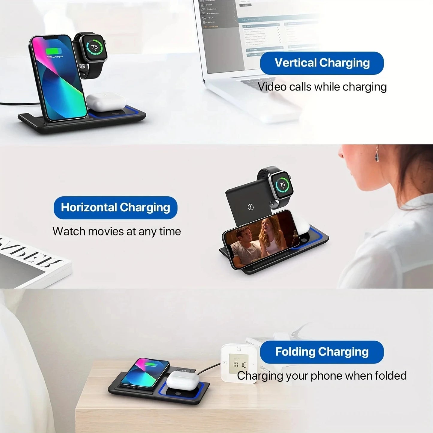 3 in 1 LED Foldable Wireless Charging Station For iPhone