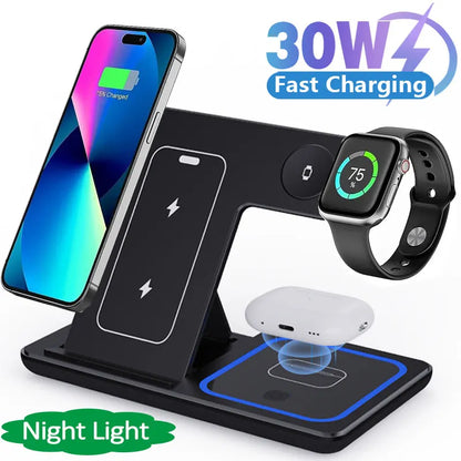 30W 3 in 1 Foldable LED Fast Wireless Charger Stand