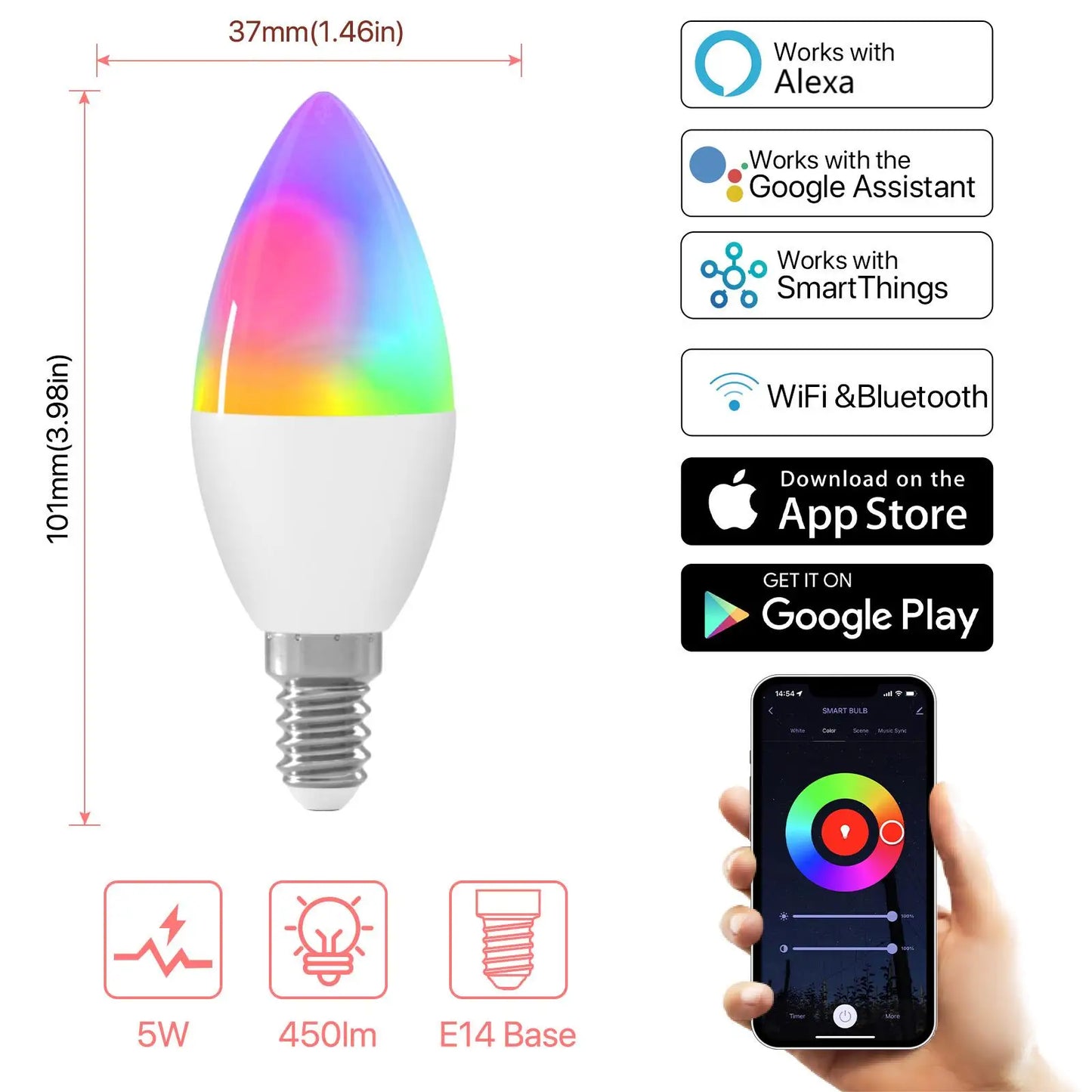 2 Pcs Smart Light Candle Bulbs Work with Echo Alexa Google